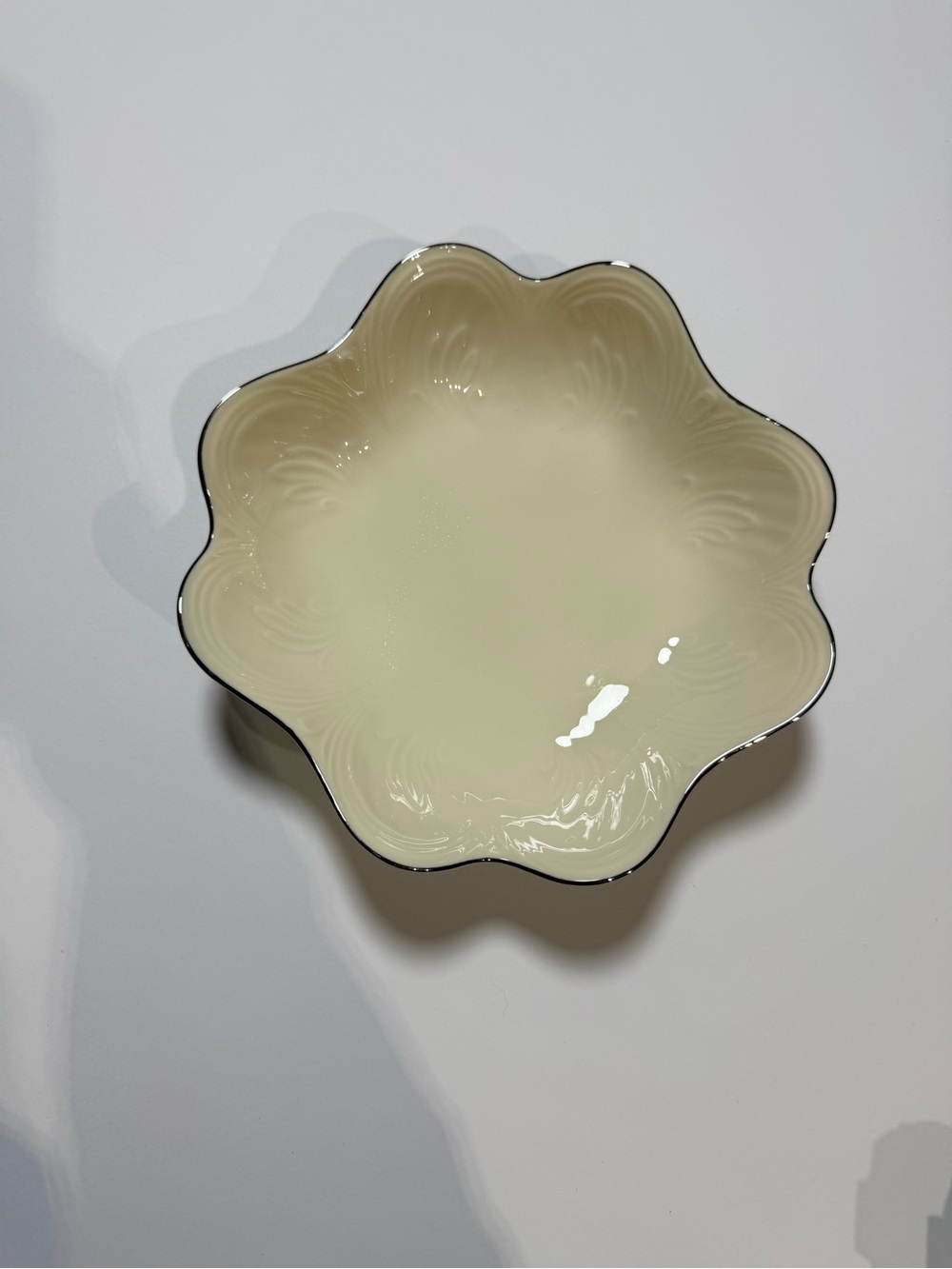 Vintage Lenox Scalloped Cream Ceramic Bowl with Silver Rim